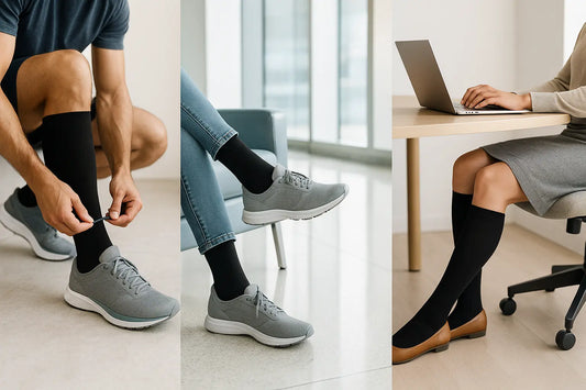 Collage of three lifestyle scenes showing people wearing compression socks a runner tying shoes, a traveler sitting in an airport lounge, and a professional working at a desk. Explaining what are compression socks and How compression socks works