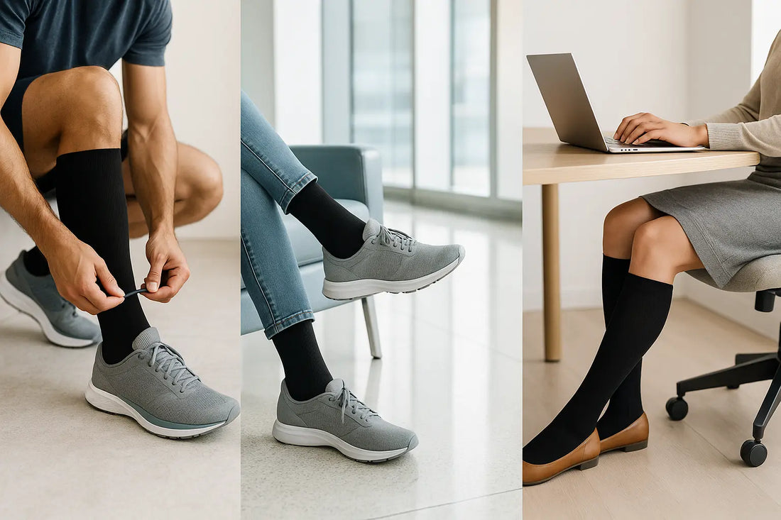 Collage of three lifestyle scenes showing people wearing compression socks  a runner tying shoes, a traveler sitting in an airport lounge, and a professional working at a desk. Explaining what are compression socks and How compression socks works